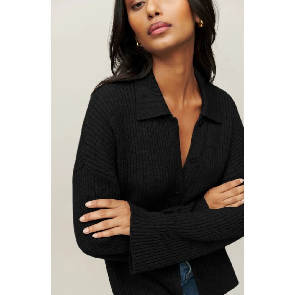 REFORMATION Fantino Black Ribbed Cashmere Button Collared Cardigan Sweater XS - Picture 4 of 13